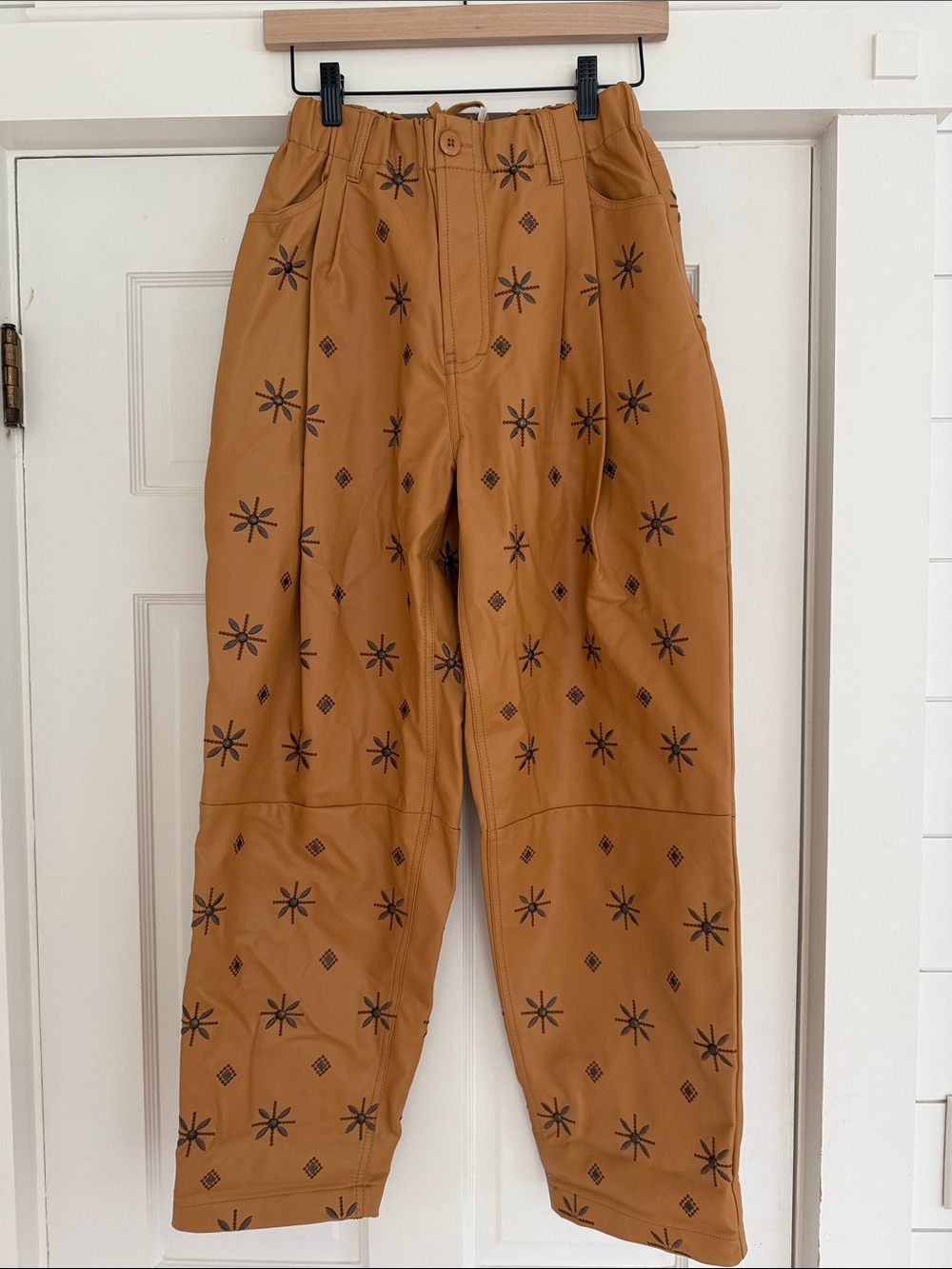Free People Tan Corduroy Embroidered Pattern Pants